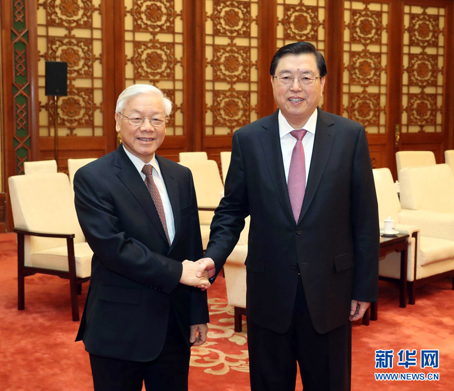 1月13日，中共中央政治局常委、全國(guó)人大常委會(huì)委員長(zhǎng)張德江在北京人民大會(huì)堂會(huì)見越共中央總書記阮富仲。 新華社記者 劉衛(wèi)兵 攝