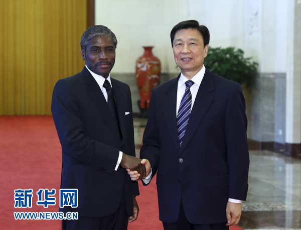 7月13日，中國(guó)國(guó)家副主席李源潮在北京人民大會(huì)堂與赤道幾內(nèi)亞副總統(tǒng)曼格會(huì)談。 新華社記者 謝環(huán)馳 攝