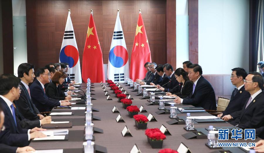 7月4日，國家主席習(xí)近平在首爾會見韓國總理鄭烘原。 新華社記者謝環(huán)馳攝 