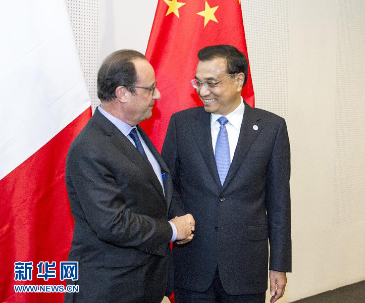 10月16日，中國國務(wù)院總理李克強在米蘭會見法國總統(tǒng)奧朗德。新華社記者 王曄 攝 