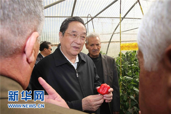 11月8日，正在約旦進行正式友好訪問的全國政協(xié)主席俞正聲在約旦河谷參觀碩果農(nóng)業(yè)合作社。 新華社記者 劉衛(wèi)兵 攝 