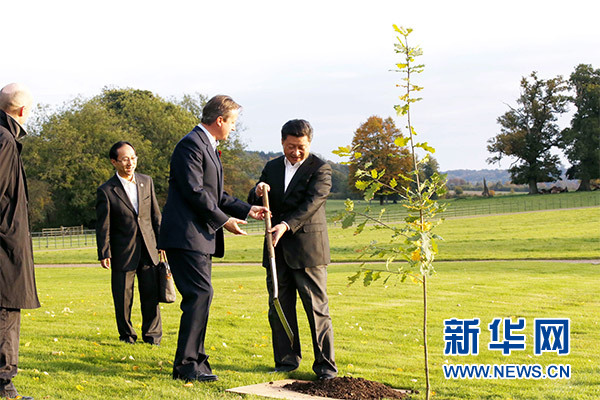 兩國(guó)領(lǐng)導(dǎo)人一同在別墅草坪，共同種下象征中英友誼的橡樹(shù)。新華社記者 鞠鵬 攝
