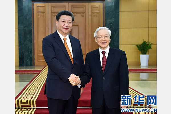 11月5日，中共中央總書記、國家主席習(xí)近平在河內(nèi)同越共中央總書記阮富仲舉行會(huì)談。 新華社記者李濤攝